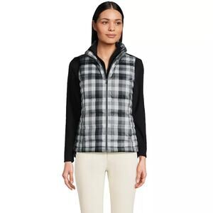 Womens Large Lands End Black Buffalo Check Puffer Down Vest Cozy Casual Outdoors